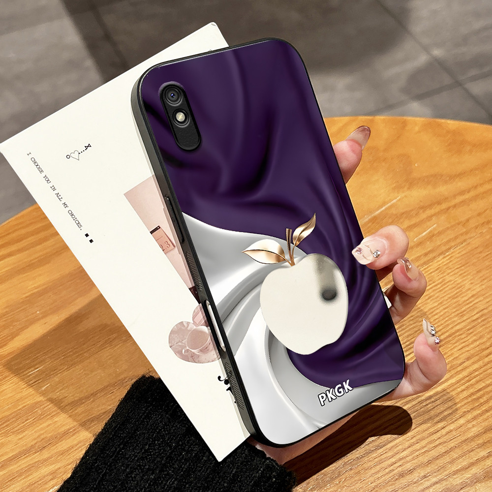 Casing Hp Untuk Xiaomi Redmi 9A Luxury Satin Wrinkle Phone Case Metal Silver Apple Logo Print Hard P