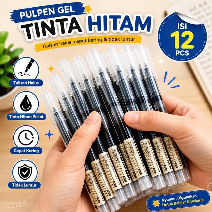 PN17 Pulpen Gel 0.5mm Isi 12 Pcs Transparan Smooth Ink Anti Macet Pulpen Estetik Halus Tinta Hitam
