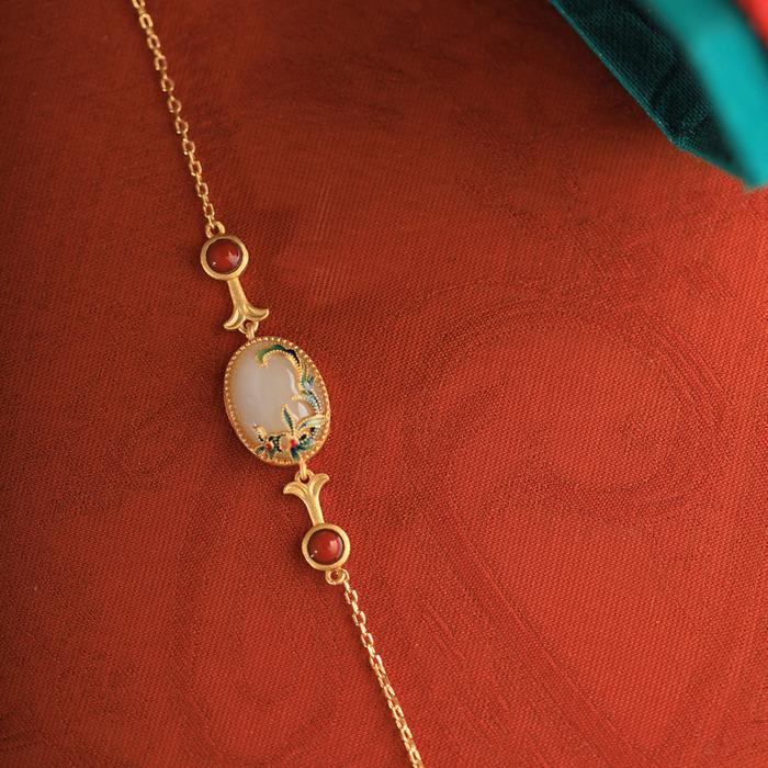 Gelang giok Hetian bertatahkan emas kuno untuk wanita dengan aksesoris fashion dicat temperamen