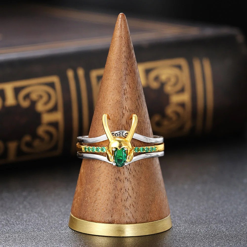 Loki Ring Sets for Women Green Crystal Matching Crown Helmet Rings Stacking Superhero Thor Jewelry