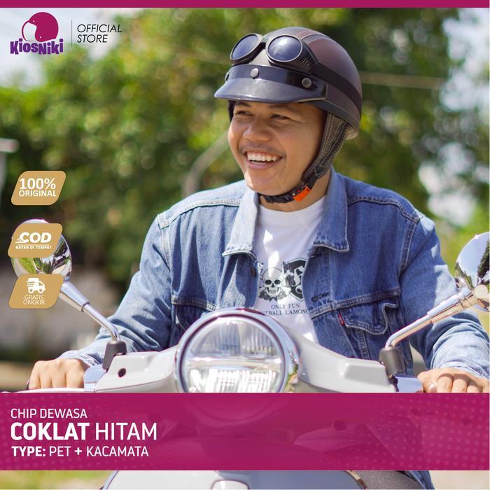 Helm Dewasa Chips Vintage Remaja Bahan Kulit Motor Sepeda Listrik Pria Wanita Hijab Friendly