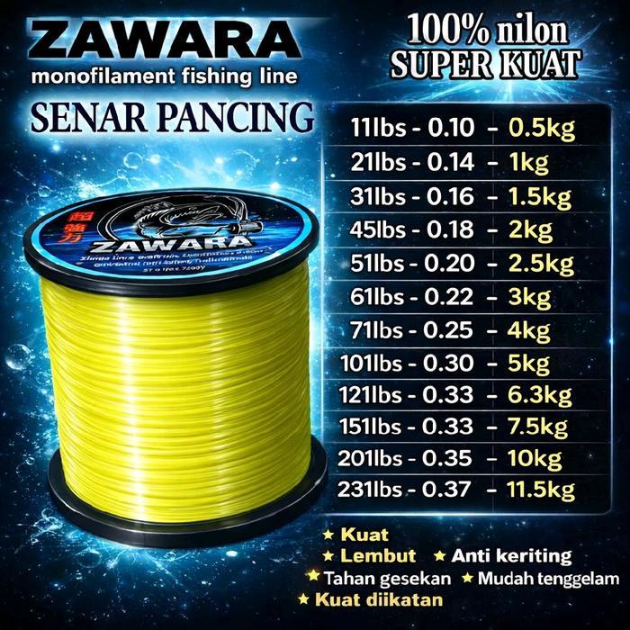 Senar Pancing Zawara Senar Pancing Kuning Stabilo Kuat Anti Keriting 100% Nylon Monofilament Siap