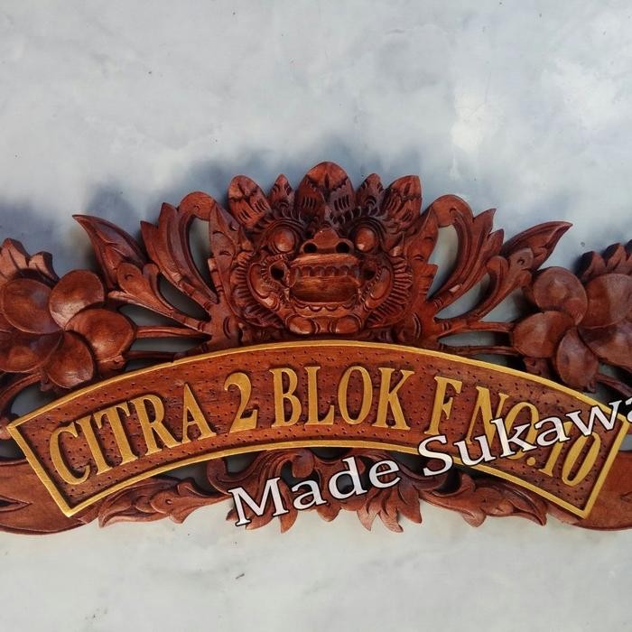 ] Papan nama dinding kayu ukiran barong bunga bali