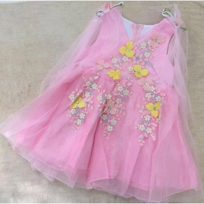 Gaun Pesta Anak Import Bunga 3D Tutu Mewah 4-10Th Gaun Pengantin Import Tule Satin Putih Pink Kuning