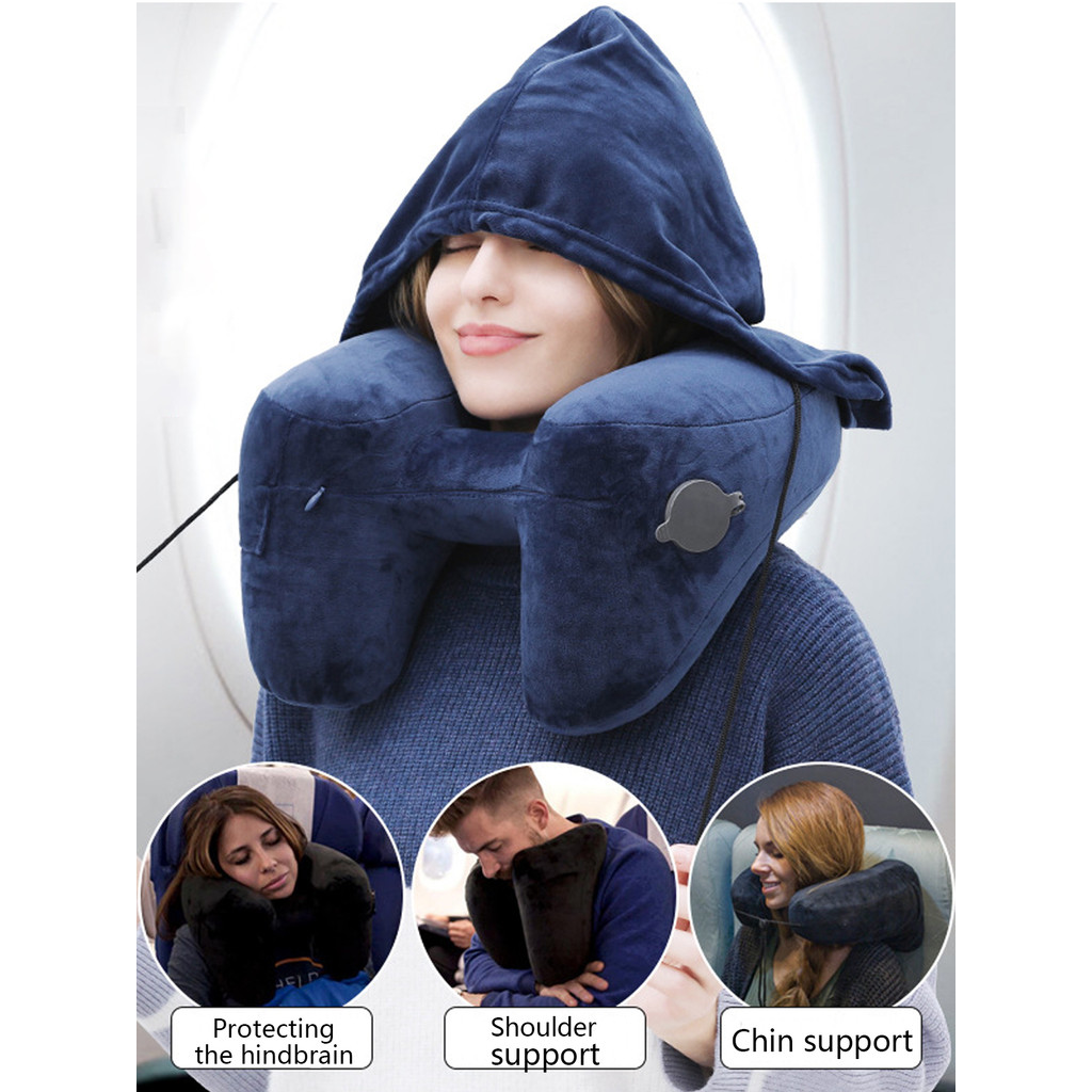 1Pc Neck Pillow Travel Inflatable U-Shaped Pillow H Hooded Aviation Neck Pillow With A Blackout