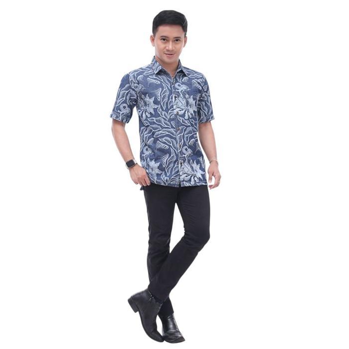 Pendek Hem Batik Kemeja Pria Lengan Pendek Hem Batik Jeans Motif Wayang Gobang Ukuran S M L XL XXL W