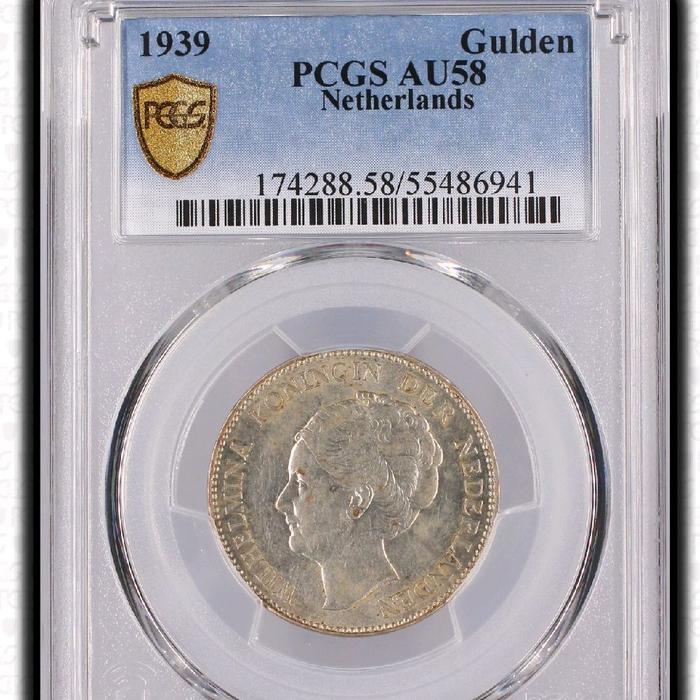 Promo Koin Silver 1 Gulden Wilhelmina Tahun 1939 Netherlands Pcgs Au58 Koin Perak Era World War Ii