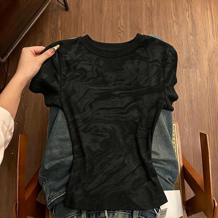 StudioJSJ Kaos Lengan Pendek Leher Bulat Gaya Retro Amerika Motif Tie-Dye Hitam Slim Fit Bahan