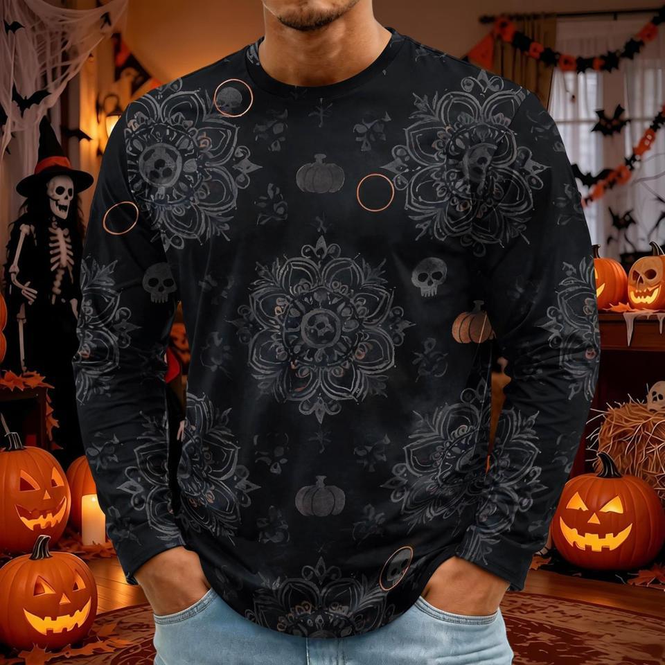 Lengan panjang Pria Halloween Circus Coffin Labu Skeleton Crow Kuburan Gothic Lengan Panjang Tee