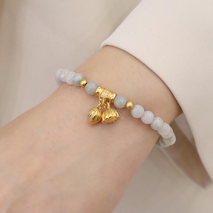 Gelang Batu Giok Natural Jade Burma Gread A Liontin Emas 99,9K Teratai