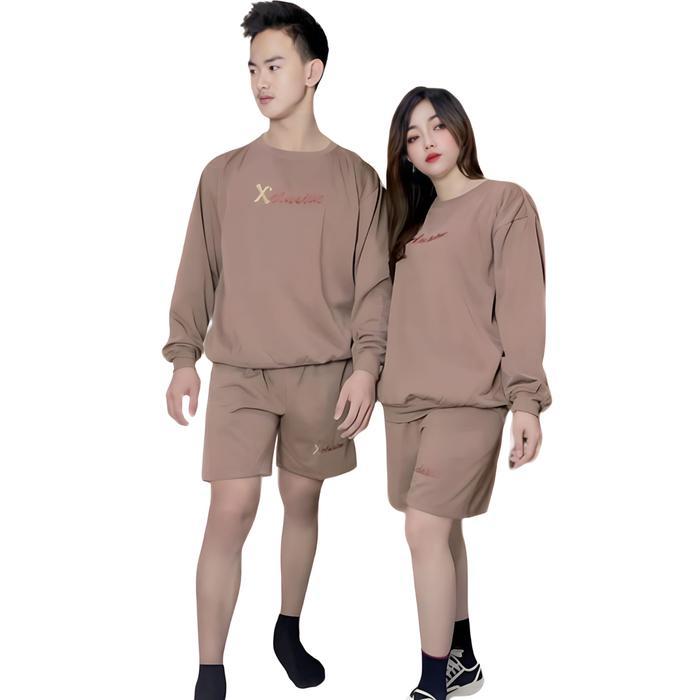 ttir- Setelan Fleace Sweater Cowok Cewek Sweater Lengan Panjang Bordir Celana Pendek Nina