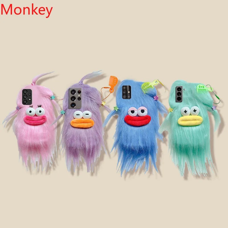 3D Korean Funny Fluffy Plush Monster Case For Samsung S24 S23 S22 S21 S20 Note 20 A04S A14 A24 A34