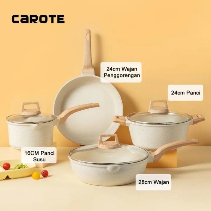 CAROTE Granit Putih (ice cream) Set 4pcs Anti Lengket Bebas PFOA, Wajan Penggorengan Panci Carote Or