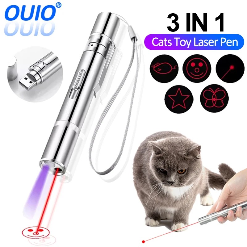 Cat Laser Toy Pen USB Charging LED Light Pointer Rechargeable Torch UV Flashlight Pen 5 Patterns
