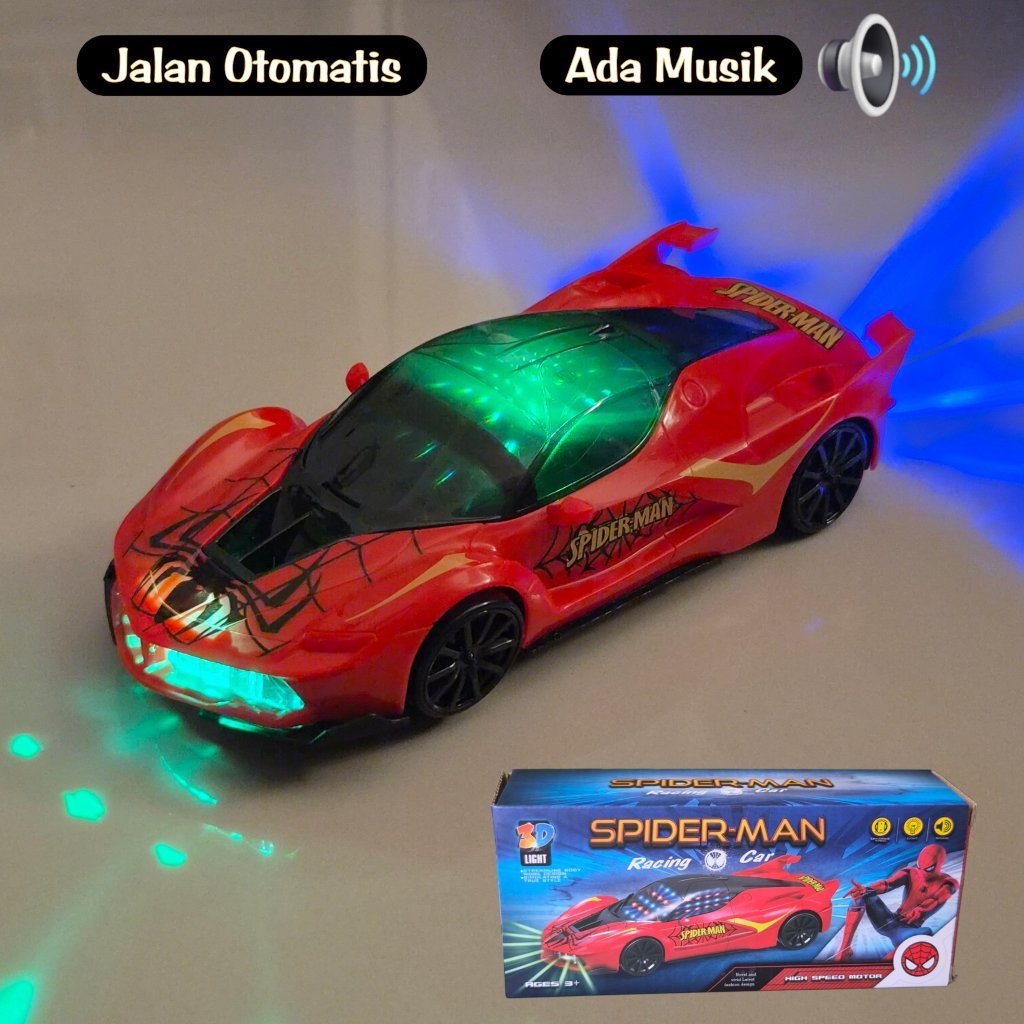 Mainan Mobil Spiderman Musik Lampu 3D bisa Jalan Otomatis