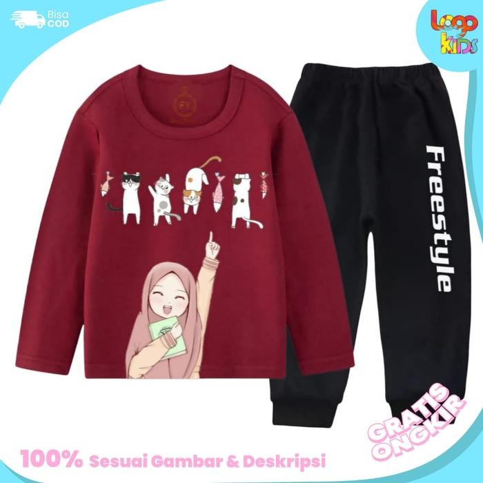 hm4x Setelan Lengan Pjg Set Jogger Anak Perempuan Motif Muslim Moroon Cewek