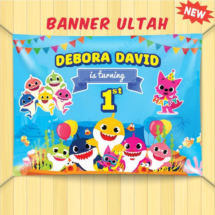 Banner Ulang Tahun Konstruksi Baby Shark Spanduk Custom Nama Dekorasi Pesta Ultah Anak Backdrop