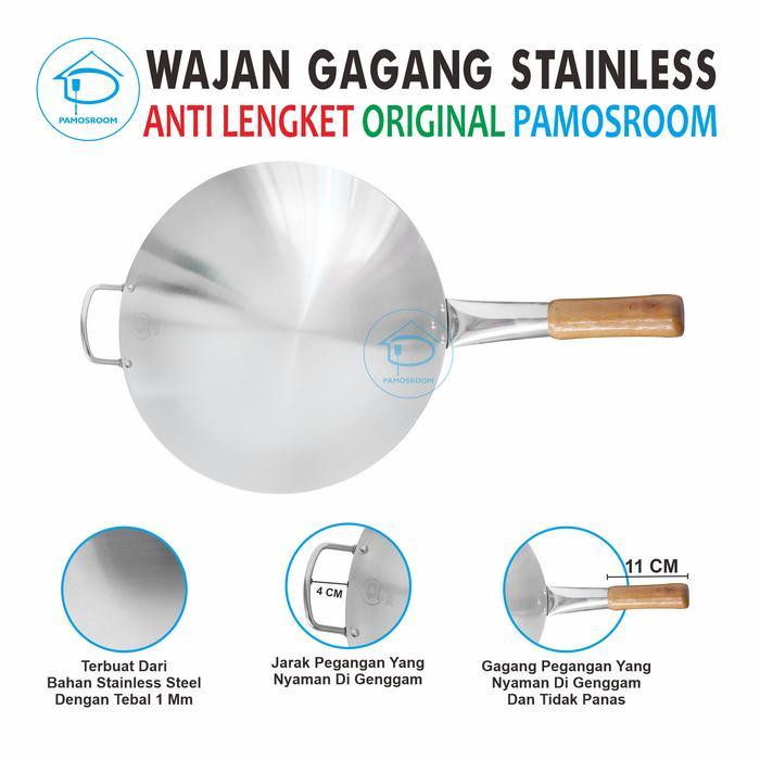 Pamosroom Wajan Gagang Kayu Stainless Tahan Panas Penggorengan 40Cm