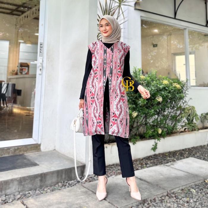 Long Cardi Batik Atasan Wanita Modern Outer Panjang Tanpa Lengan Cardigan Rompi