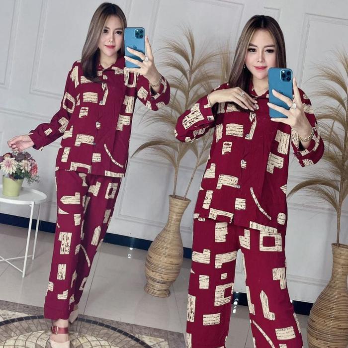 Setelan Wanita Lengan Panjang - One Set Tie Dye - Setelan Piyama Motif Urat Kayu - One Set Rayon