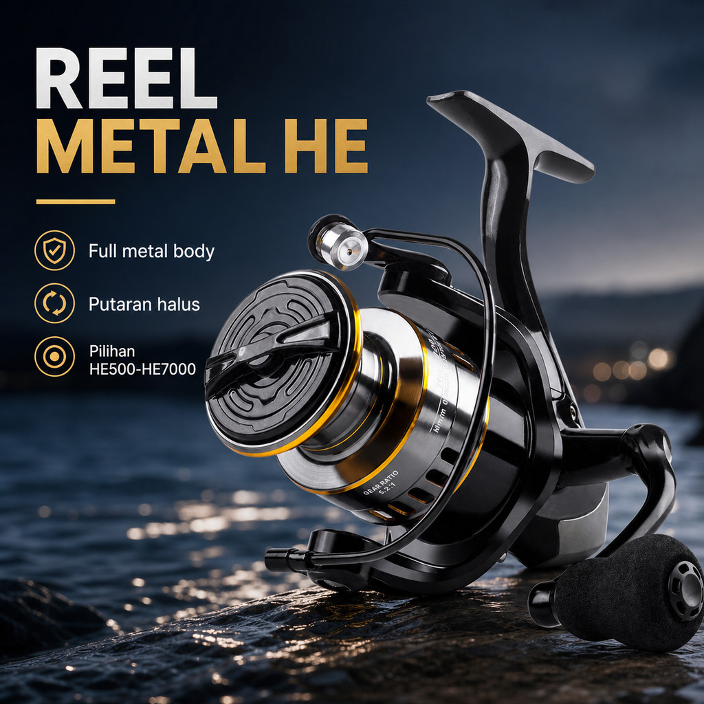 Reel Pancing Spinning Full Metal Seri HE untuk Memancing, Pilihan Model HE500 HE4000 HE6000 HE7000