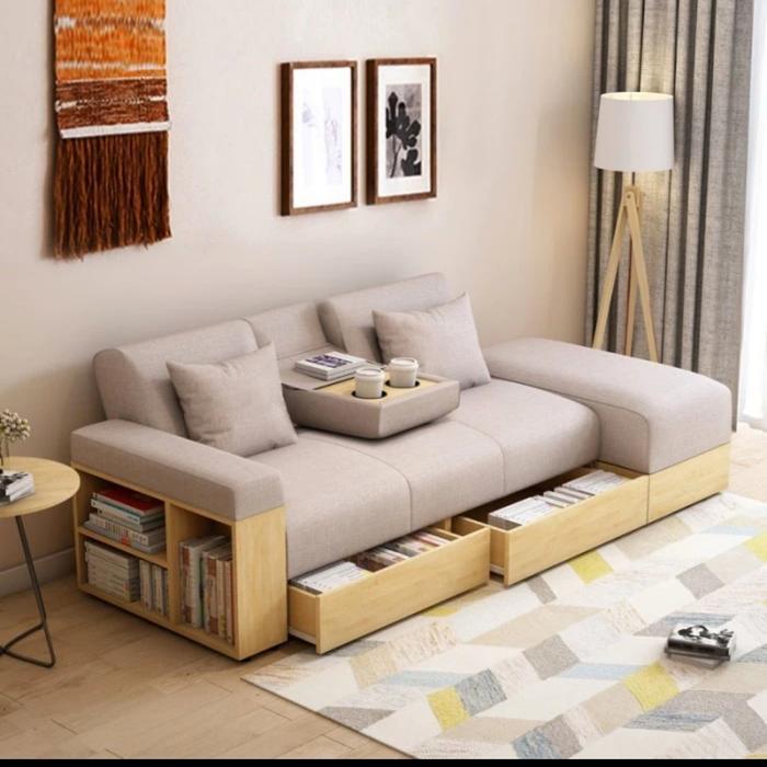Sofa Bed Multifngsi dengan laci & Storage - Biru Muda