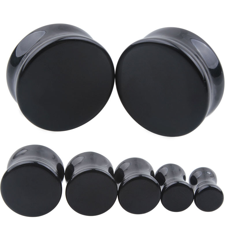 A Pair Black Obsidian Black Onyx Stone Ear Gauge Plug Tunnels 5mm-25mm Saddle Earlet Body Piercing