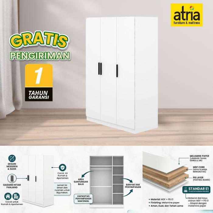 Atria Lemari Pakaian Lemari Kayu 3 Pintu Tarik Arwyn White - Spesifikasi