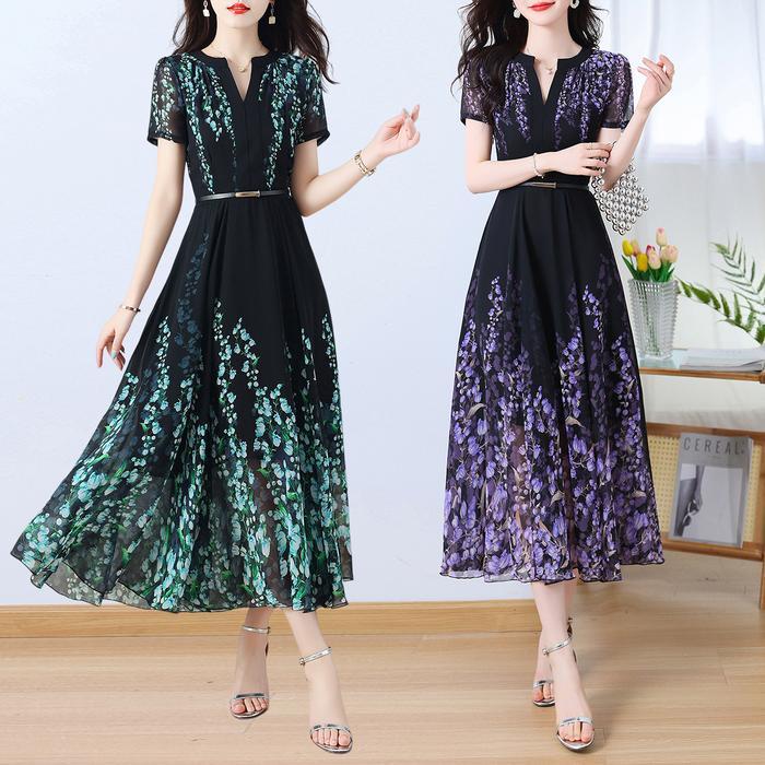 panjang dress kondangan premium dres sifon motif bunga dress flora hitam modern terbaru elegant well