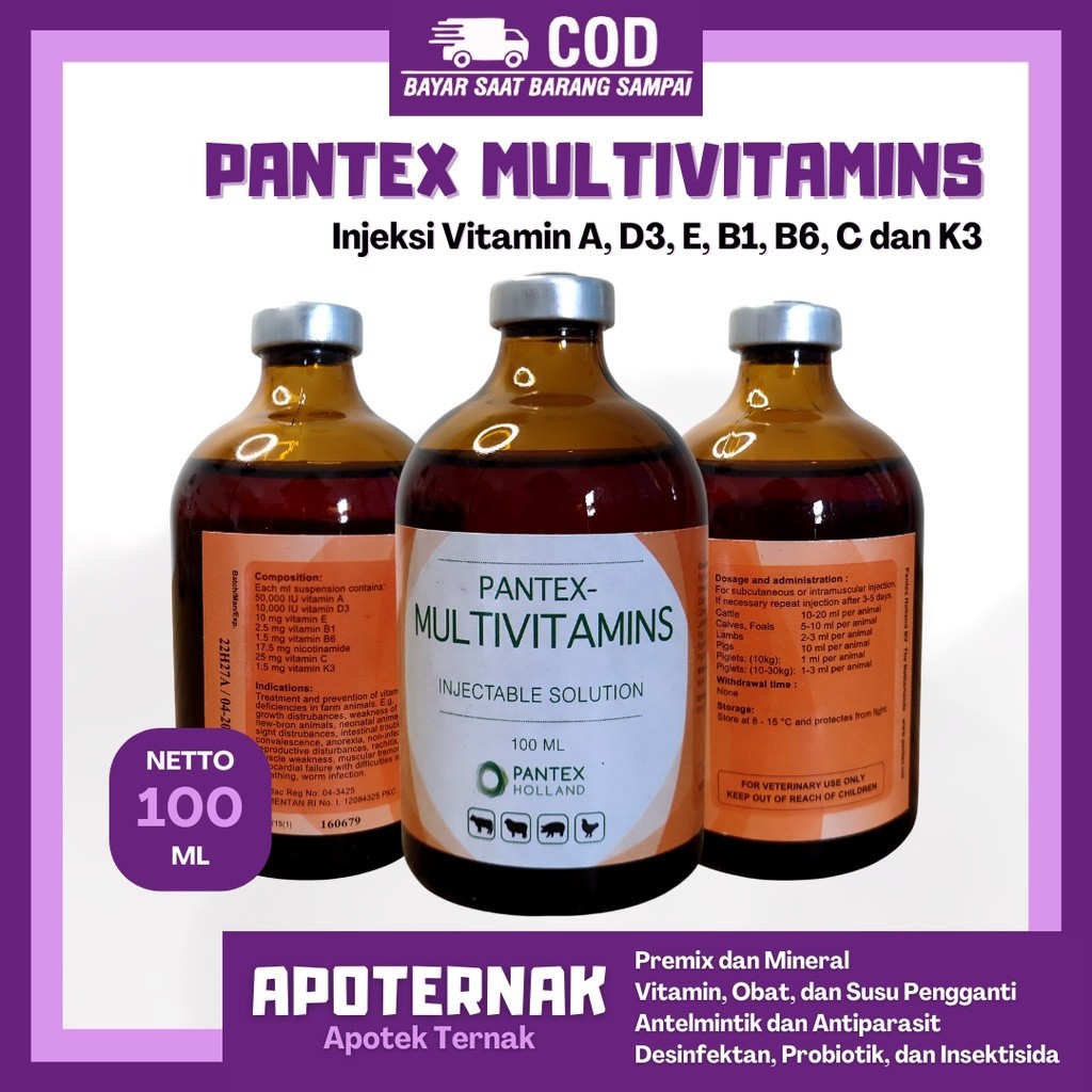 Pantex Multivitamin 100 Ml - Multivitamin Injeksi Vit A D3 E B1 B6 C Dan K3 Untuk Sapi Kambing Kuda