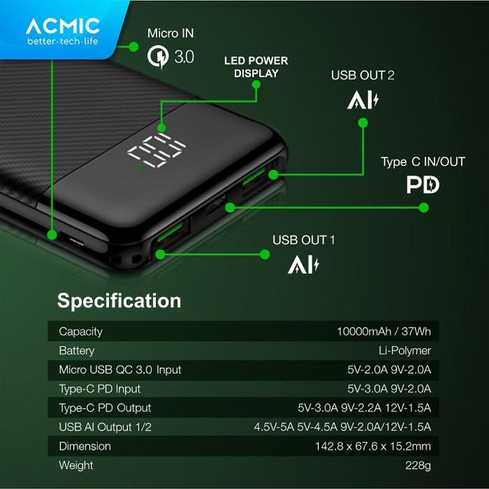 jwvb- Acmic F10Pro 10000Mah Powerbank Slim 22.5W Fast Charging Type C