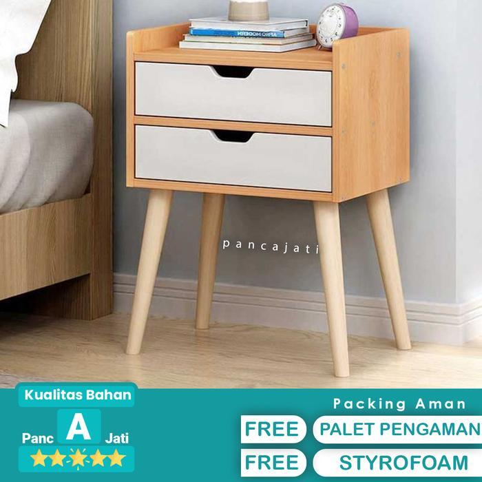 Meja Nakas Minimalis Bedside Table Motif Serat Kayu 2 Laci Original