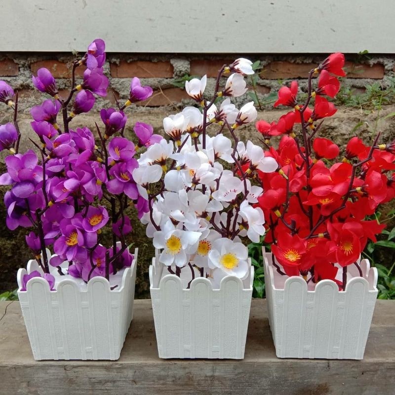 BUNGA SAKURA + VAS PAGAR KOTAK ISI 4 TANGKAI MINI bunga sakura hias bunga sakura plastik artificial
