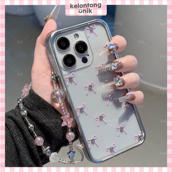 KELONTONG UNIK ELODIE Silvery Pink Pearl Bow Case Coquette - Hardcase / Casing HP for iPhone X XS XR