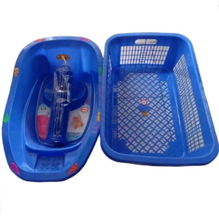 Paket Hemat 3 Produk Yutaka Bak Mandi Bayi + Keranjang Popok + Hanger Bulat 20 Stik Biru/merah