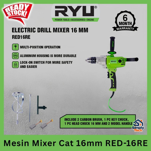 Ryu Mesin Mixer Bor 16mm RED 16RE Pengaduk Cat Electric Mixer Drill