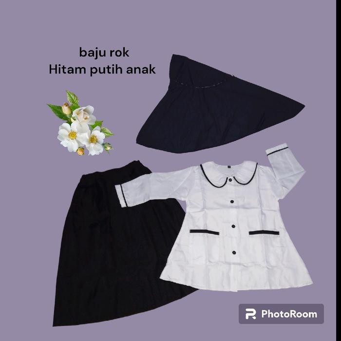 set baju rok hitam putih +hijab anak perempuan SD madrasah Katun Polos Hitam Putih Seragam