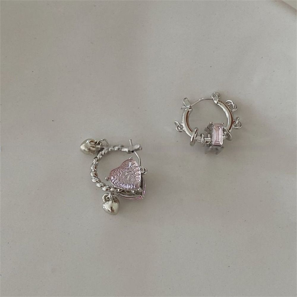 Retro Pink Crystal Y2K Heart Earrings Trendy Design Hip-Hop Girl Stud Earrings Sweet Cool Earrings