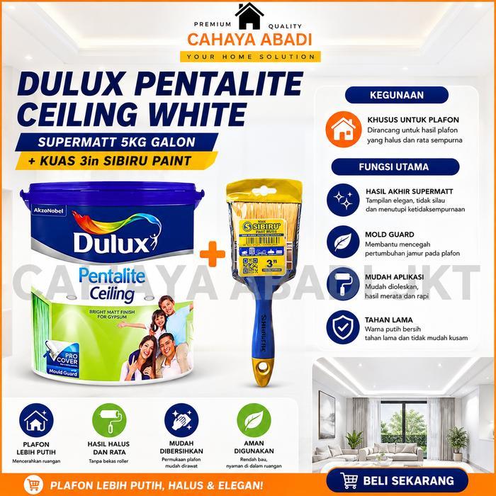 Dulux Pentalite Ceiling White Supermatt 5Kg + Kuas Sibiru 3 Inch Cat Plafon Putih Doff Interior