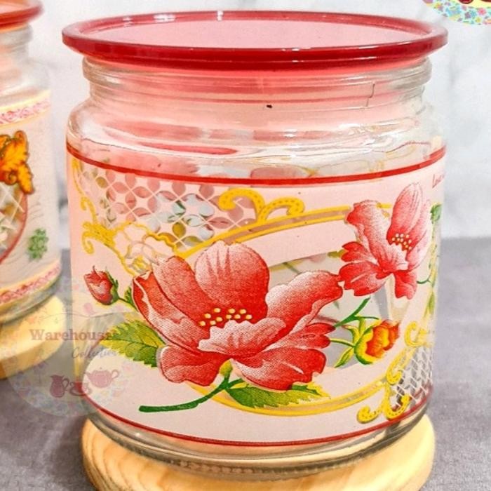 Toples Kaca Kue kering Kedap Udara Motif bunga merah Toples Lebaran