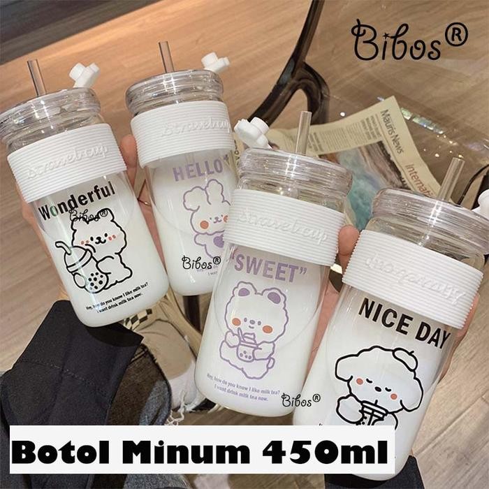 450ml - Botol Minum Aesthetic Motif Karakter Binatang Lucu Botol Tumbler Kaca Korea Lucu