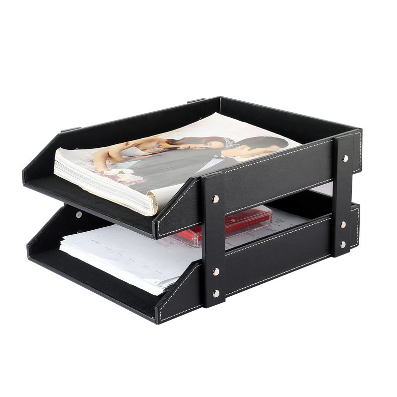 A4 Document File-Tray Rack File Organizer Double Layers Desk PU Leather For Office