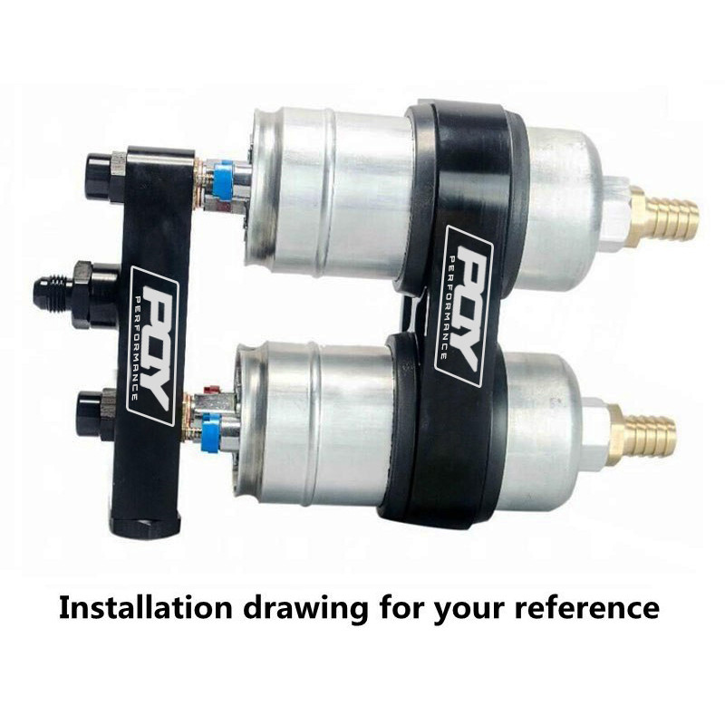 VR - TWIN FUEL PUMP BRACKET BILLET ALUMINIUM ASSEMBLY OUTLET MANIFOLD IN BLACK FOR 044 FUEL PUMP W/