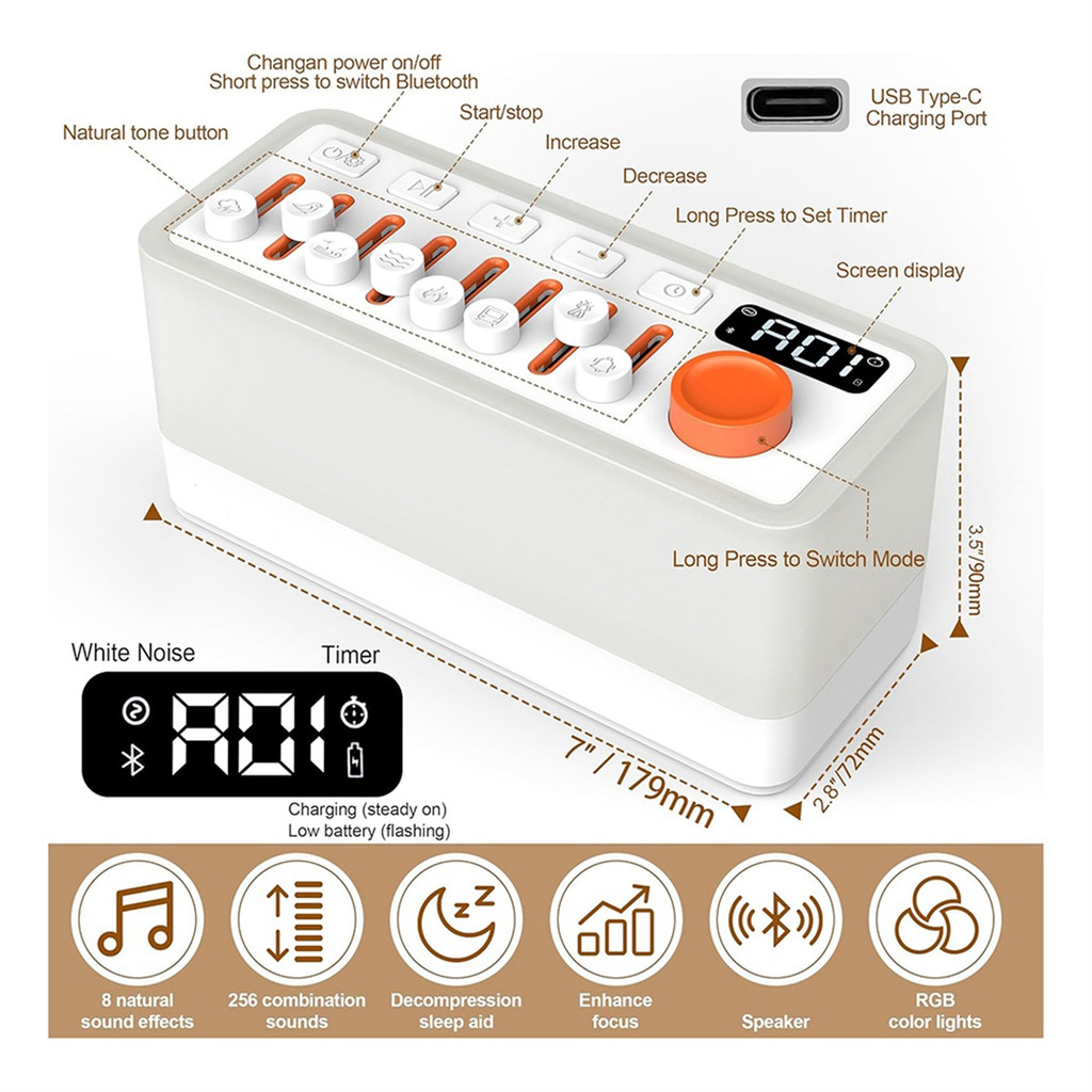 HIHI White Noise Sleep Sound Machine with 8 , Portable Bluetooth Speaker, 12 Colors Night Lights