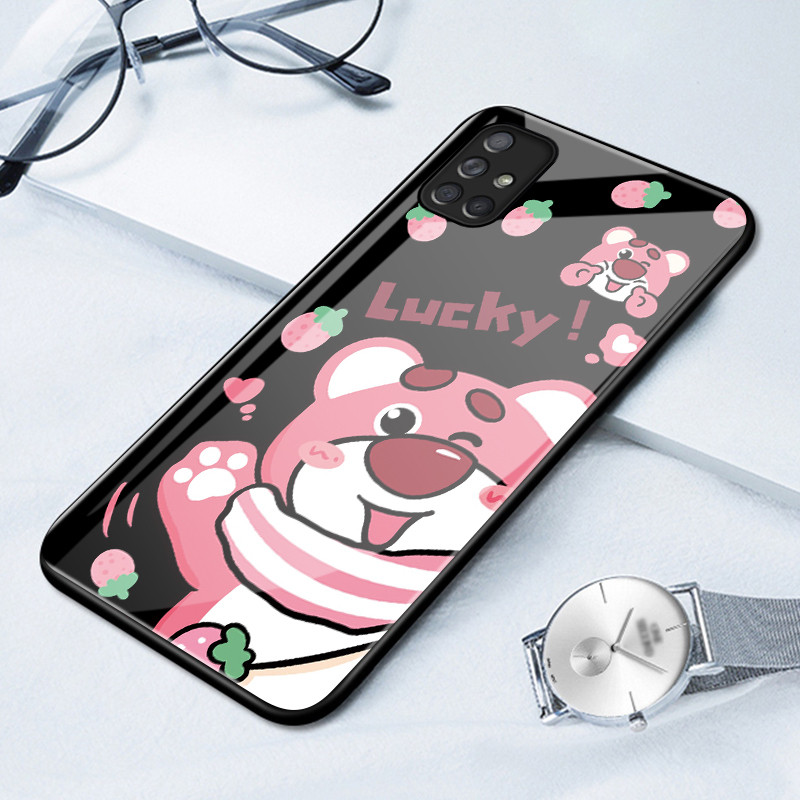 Casing Hp Untuk Samsung A71 4G A71 5G Case Beruang Strawberry Pink Kasing Kaca Cesing Unisex Kesing 