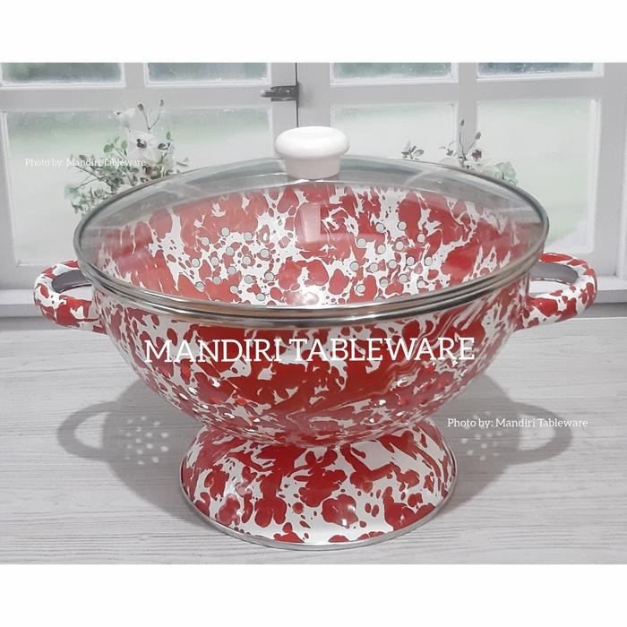 Tempat Nasi Enamel 22 cm + Tutup Kaca Wakul Nasi Motif Red