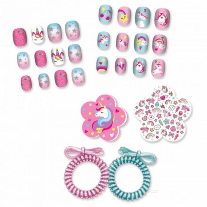 Kuku Palsu Anak Unicorn Fancy Nails Ikat Rambut Plus Sticker Kuku