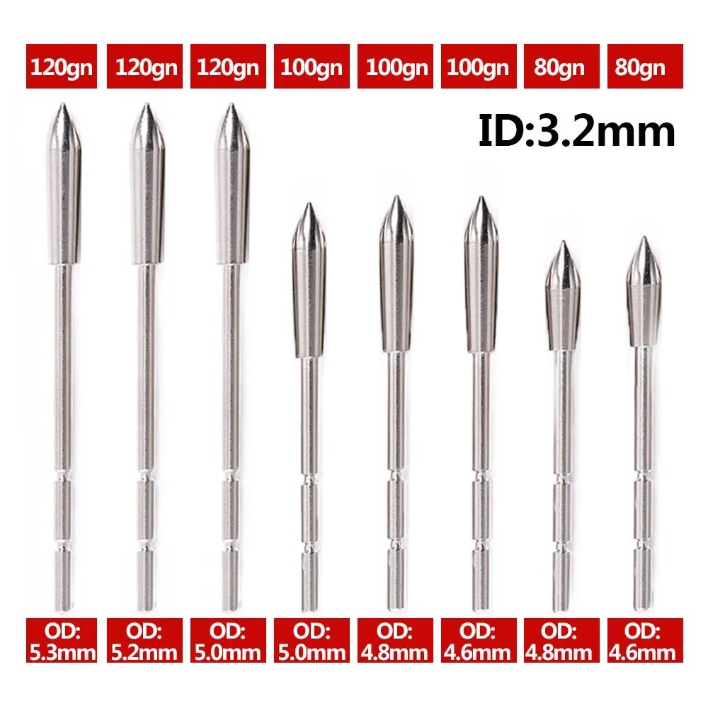 12pcs Stainless Steel Break off Arrow heads Tips Point 80gn 100gn 120gn for ID 3.2mm arrow shaft