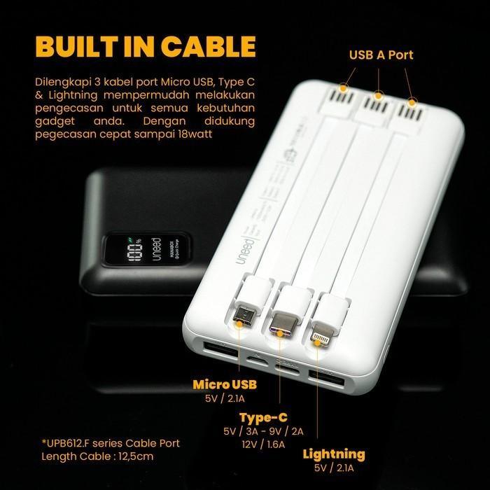 jwvb- Powerbank Uneed B20 20000Mah Built In Cable Fast Charging 2.1A Black White