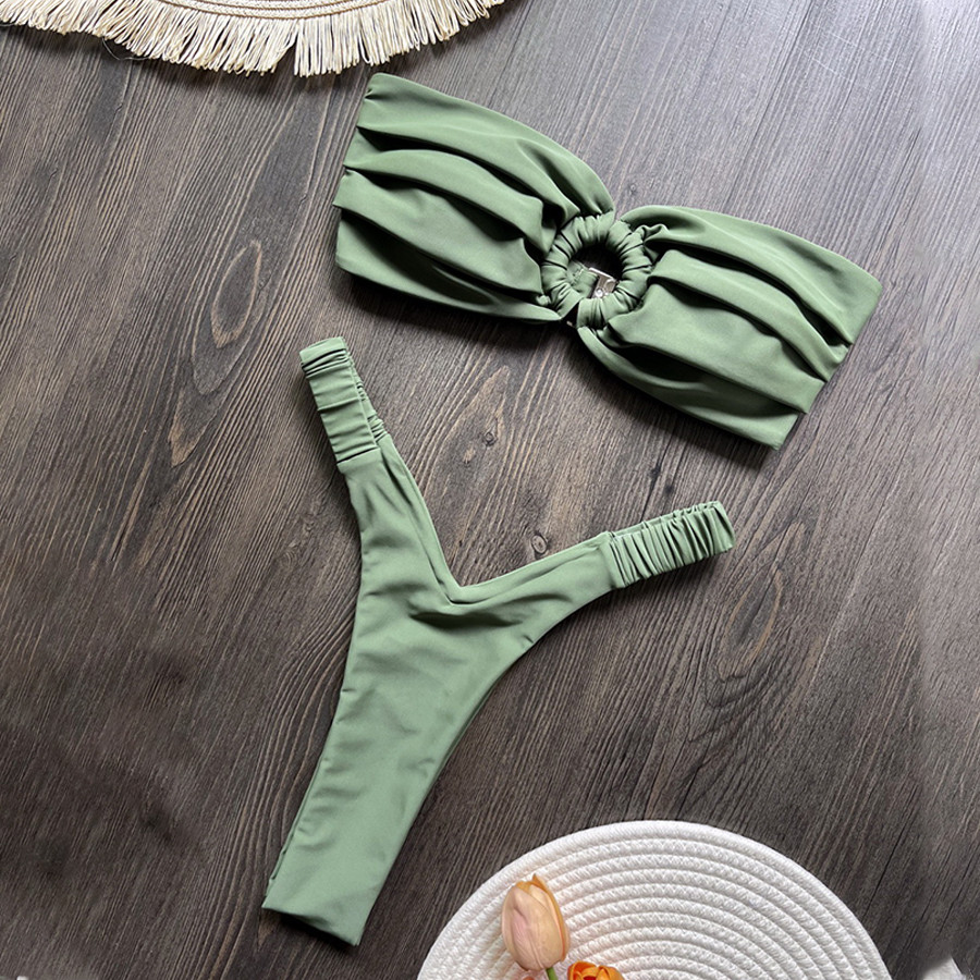 Para Praia Solid Green Thong Bikini 2025 Sexy Bandeau Swimwear Women Brazilian Swimsuit Thong